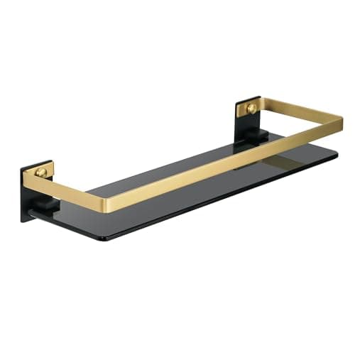 Image of SAYAYO Black Tempered Glass Shelf Bathroom Shelf Wall Mounted with SUS304 Stainless Steel Brushed Gold Rail, Shower Storage Shelves, 380MM Length