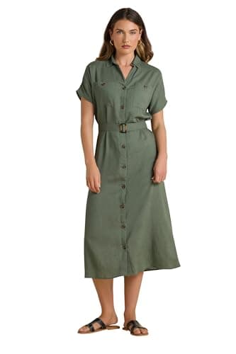 Image of Long Tall Sally - LTS Tall Green Linen Button Midi Dress - Women's