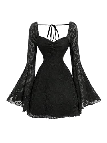 Image of GORGLITTER Women's Lace A Line Flared Short Dresses Sweetheart Neck Bell Long Sleeve Tie Backless Date Night Dress Black Medium