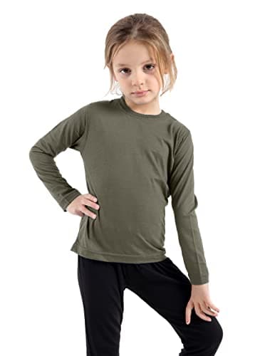 Image of GW CLASSY OUTFIT Kids Girls Boys Plain Long Sleeve Crew T-Shirts Basic Top School Kids T-Shirt Tops Crew Neck Uniform Jumper UK Size (Khaki, 11-12 Years)