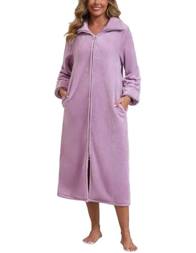Image of Rubehoow Womens Robe Luxurious Fleece Pajama Gown Full Long Zipper Bathrobe with Pockets (Lilac,XL)
