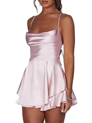 Image of Acrawnni Women Satin Backless Mini Romper Dress Cowl Neck Tie Ruffle Layer Spaghetti Strap Cami Playsuits Jumpsuit Mini Dress with Shorts (A-Pink, M)