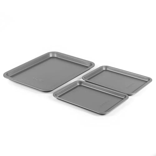 Image of Salter Essentials 3-Piece Baking Tray Set – 1 x 31cm, 2 x 23 cm, Non-Stick Oven Sheets, Dishwasher Safe, Made in The UK, Lightweight, Durable Carbon Steel, 5 Year Guarantee, Silver