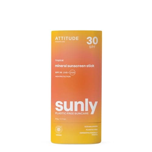 Image of ATTITUDE Mineral Sunscreen Stick with Zinc Oxide, SPF 30, EWG Verified, Plastic-Free, Broad Spectrum UVA/UVB Protection, Dermatologically Tested, Vegan, Tropical, 60 g