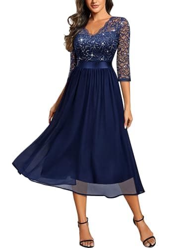 Image of MIUSOL Women's Retro V-Neck 3/4 Sleeves Sequin Lace Formal Business Cocktail Party Dress (XX-Large, Navy Blue)