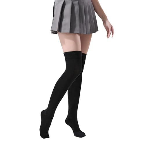 Image of Makii Womens Knee High Plain Stripe Stripy Socks - Ladies Thigh High OTK Long Socks Casual For Daily Wear, Cosplay(Black)