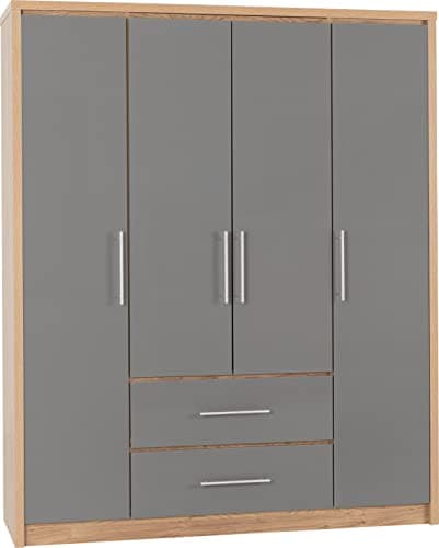 Image of Seconique Seville 4 Door 2 Drawer Wardrobe in Grey Gloss/Light Oak Effect Veneer