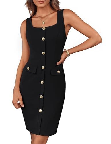 Image of GRACE KARIN Women's Cocktail Dress Business Dress Square Neck Buttoned Belted Dress Sleeveless Wrap Dress Mini Dress with Belt Black M