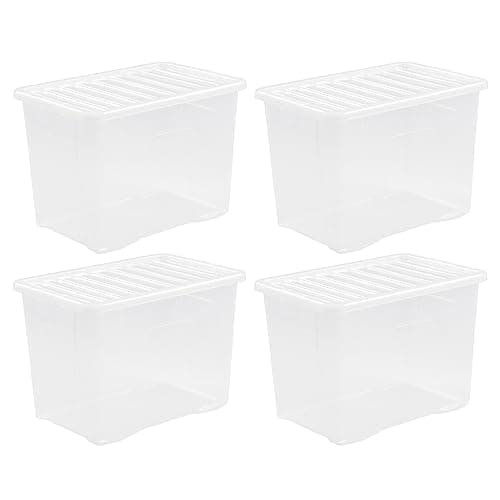 Image of (Set of 4) 80L 80 Litre Crystal Clear Plastic Storage Box With Lid Transparent Storage Container Medicine Toys Garage Office Home & Kitchen Made in UK (80 LITRE, Crystal Container)