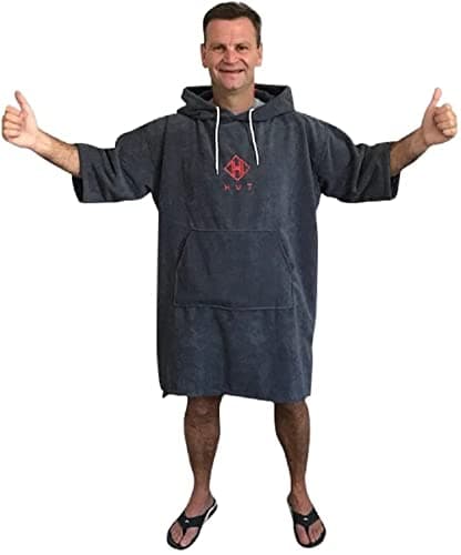 Image of HUT Premium Hooded Changing Robe Poncho for Swim/Beach/Open Water Swimming - Quick Drying Light Microfibre Poncho for Women and Men - Grey/Red (Large)