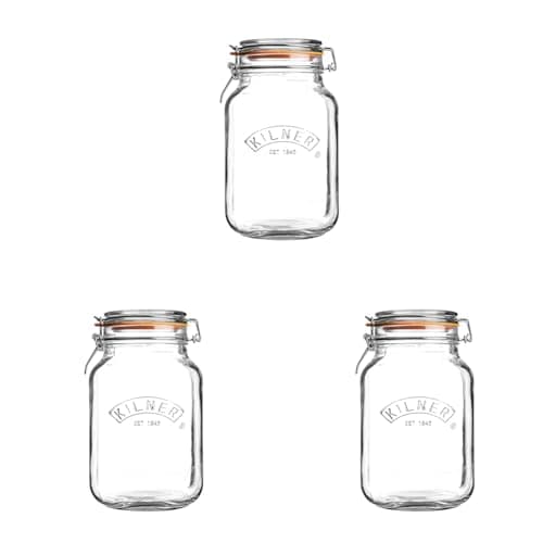 Image of Kilner Square Clip Top Jar 1.5L (1500ml) Airtight Glass Jar for Pickling Large Vegetables Preserving Whole Fruits and Storing Flour Pasta Lentils Dry Foods (Pack of 3)
