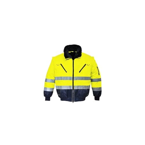 Image of Portwest PJ50 Hi-Vis 3-in-1 Pilot Jacket Waterproof Reflective Workwear Coat Detachable Sleeves Fur Liner Multi-Pocket Fleece Lining EN ISO 20471 Certified, Yellow/Navy, S