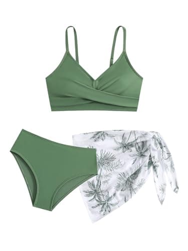 Image of Girls Bikini Set with Cover Up Skirts Cross Strap Swimsuits 3 Pieces Swimming Costume Swimwear Kid Bathing Suit for Teens Size 9 10 11 12 13 14 Years Green