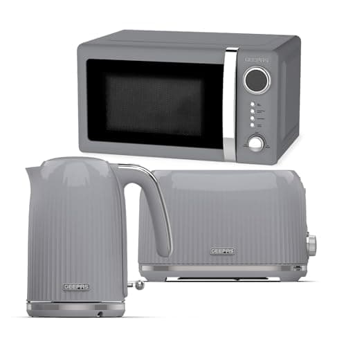 Image of Geepas Electric Kettle 2 Slice Bread Toaster & Microwave Kitchen Set | 3000W 1.7L Textured Cordless Kettle | 2 Slice Toaster with 7 Level Browning Control | 700W Digital Microwave 20L, Grey