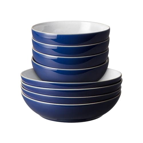 Image of Denby - Elements Pasta & Cereal Bowl Set 8 Piece - Dark Blue, Dishwasher & Microwave Safe, Oven Proof Stoneware Dishes - 4 x Pasta & Cereal Bowls - Ceramic, Chip Resistant Tableware for Everyday Use