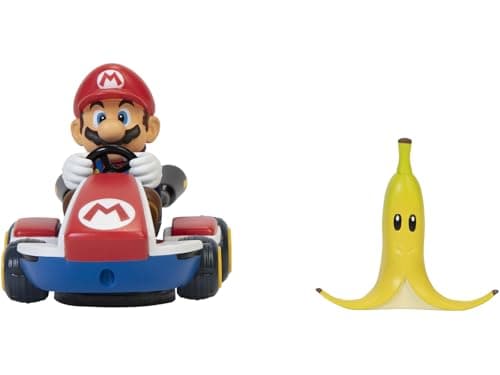 Image of Nintendo Mario Spin Out Kart, 2.5" / 6cm Racer Vehicle Wind Up and Go with Banana Accessory, Spin Out Feature Activates 360° Spins!