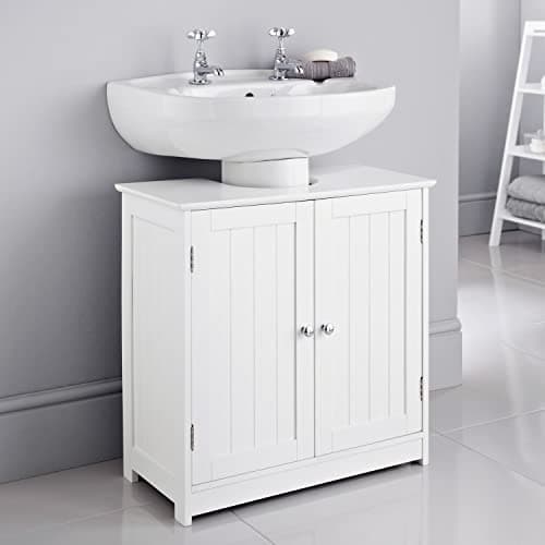 Image of Homme Concept - White Under Sink Bathroom Storage Cabinet Free Standing 2 Doors Wooden Multi-purpose Organiser Basin Cupboard with Shelf Unit Flat Packed