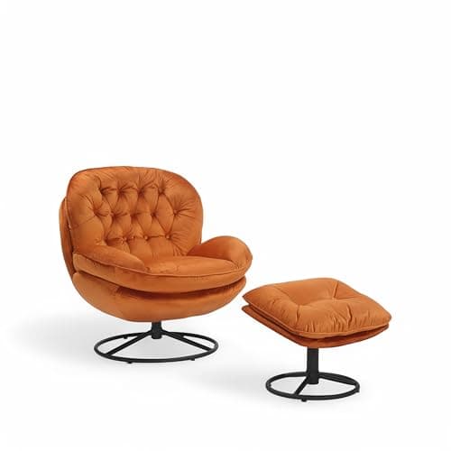 Image of Orange Swivel Cuddle Chair and Footstool Set – Elegant Velvet Swivel Armchair with Deep Button Tufting, 360° Rotation & Sturdy Metal Base, Perfect Nursing Chair and Footstool or Accent Seat for Living