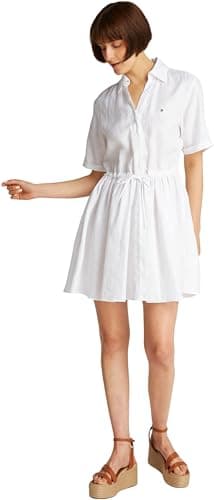 Image of Tommy Hilfiger Women’s Short Linen Dress with Waist Belt, White (Th Optic White), 14