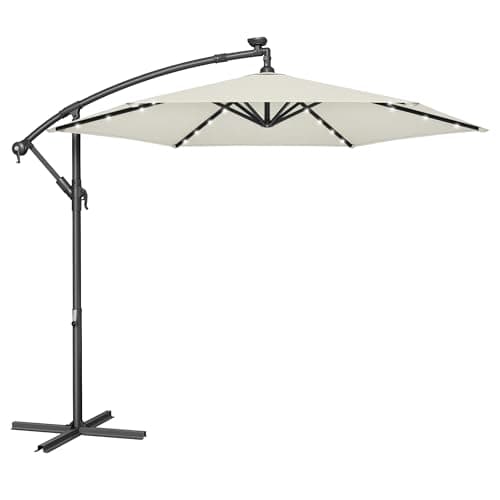 Image of SONGMICS Cantilever Garden Patio Parasol Umbrella with Base, 3m Offset Parasol, Banana Hanging Umbrella, Sunshade UPF 50+, Crank for Opening Closing, 32 Solar-Powered LED Lights, Beige GPU118M01V1