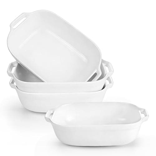 Image of LONTOM 20cm Double-Ear Handle Ceramic Baking Dish Set of 4,Oven Rosting Dish Lasagne Dish Serving Dishes for Shepherd's Pie,Casserole,Fish Pie, Creamy Soup,Salads,Rice Microwave Dishwasher Safe