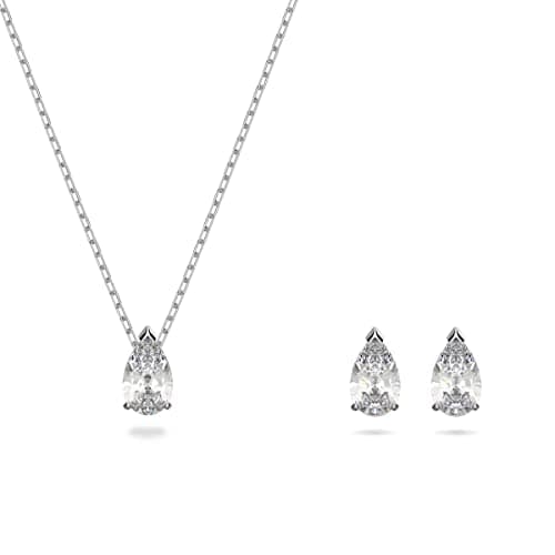 Image of Swarovski Attract Pear Jewellery Set, Women's Drop-Shaped Pendant Necklace and Matching Stud Earrings with White Crystals in a Rhodium Plated Setting