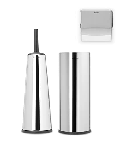 Image of Brabantia 3 Piece Toilet Accessory Set (Brilliant Steel) Toilet Brush & Holder, Toilet Roll Holder & Toilet Roll Dispenser (Drill/No Drill Wall Mounting) 10 Year