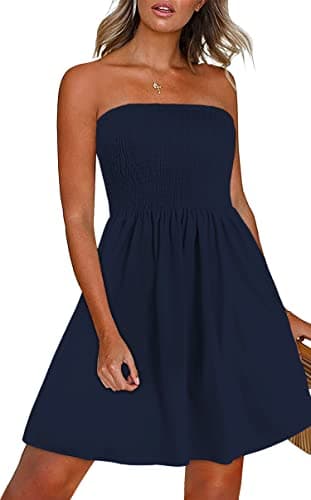 Image of florynova Beach Dress Swimwear Cover Ups for Women Strapless Bandeau Dresses Floral Printed Sundress(Dark Blue,L)