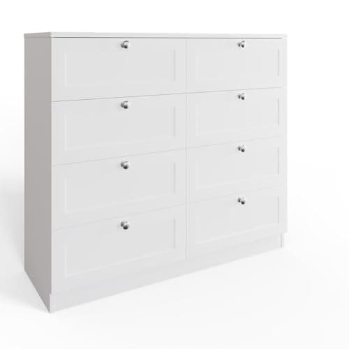 Image of FWStyle Matt White 8 Drawer Chest of Drawers with Chrome Knob Handles, Wide Bedroom Storage Furniture with Deep Drawers and Scratch Resistant Finish, H99 x W110 x D40cm