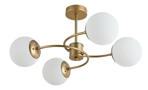 Image of TEKLED Modern 4 Light Opla Glass Globe Sputnik Chandelier Gold Crescent Metal Semi Flush Mount Close to Ceiling Light | E27 Bulb Base | for Kitchen Island Living Bedroom Hallway (Bulb not Included)
