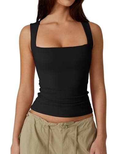 Image of Vest Tank Tops for Women UK Summer Ladies Sleeveless Crop Top Sexy Square Neck Baisc Tight T-Shirt (Black,XS)