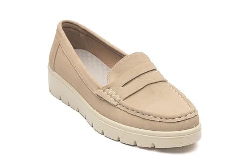 Image of Cushion Walk Women’s Faux Suede Leather Penny Loafer Comfortable Smart/Casual Flat Slip-on Boat Shoe in Sizes 3-8 (Beige, UK Footwear Size System, Adult, Women, Numeric, Medium, 7)
