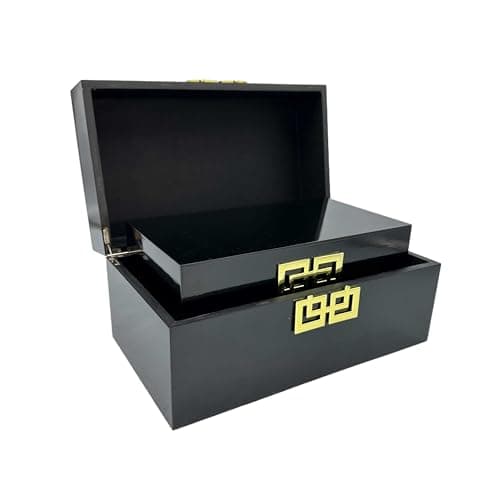 Image of Galt International Storage Box Set Decorative Storage Box w/Hinged Lid Classic Design Wood Decor Boxes with Geometric Clasp Storage for Bedroom & Home - Set of 2 (Black & Gold)