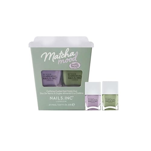 Image of Nails Inc Matcha Mood Nail Polish Duo Gift Set, Caffeine & Green Tea Infused, Fast Drying, Long Lasting, High Shine, Chip Resistant, Air Dry Manicure, Cruelty Free, Matcha Green & Lilac, 2 Piece Set