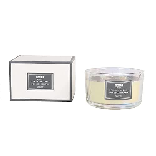 Image of Sleepdown Halo 3-Wick Scented Candle Basil and Orange Flower Neroli Jar Candle Burn Time: Up to 16 Hours 400g Large Jar Candle, 5056242817659