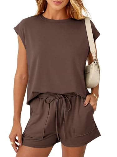 Image of REORIA Women Crew Neck Activewear Loose Short Sleeve Lounge Wear Set Solid Color Tracksuit Co Ord Sets Two Piece Outfit Coffee L