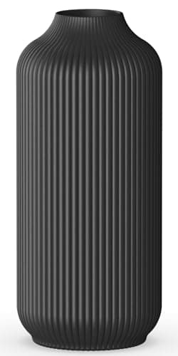 Image of VZMIZA Ribbed Black Ceramic Vase - Decorative Flower Vase for Pampas Grass - Small vase for Home Living Room - black Vases Home Decor & Boho - Table Dining (Medium)