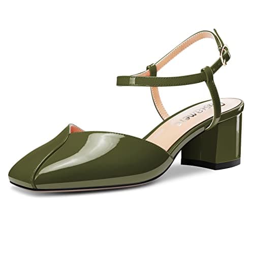 Image of Castamere Women Chunky Block Mid Heel Square Toe Ankle Strap Pumps Court Shoe Wedding Office Dress 5 CM Heels Dark Green 9 UK