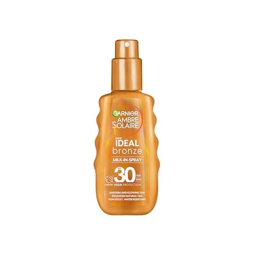 Image of Garnier Ambre Solaire Fake Tan, Ideal Bronze SPF30 Milk-In Spray, Tan Enhancing, with Vitamin E, High UVA & UVB Protection, Water Resistant, Non-Greasy, Uniform & Glowing Tan, No Self-Tan, 150ml