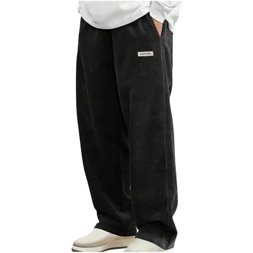 Image of Corduroy Trousers Men Loose Fit Smart Casual Trouser Elasticated Waist Drawstring Pants Solid Colour Straight Leg Bottoms Spring and Winter Mens Lounge Wear with Pockets