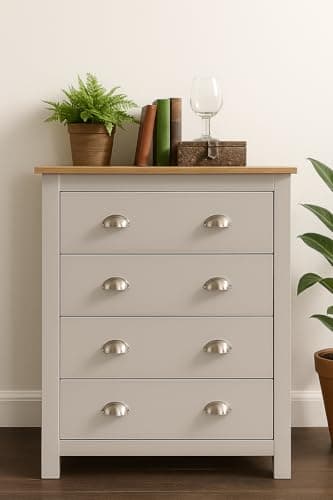 Image of Home Treats Grey & Pine Chest Of 4 Drawers | Modern Bedroom Storage Unit, Wooden Cabinet with Natural Pine Top, Stylish Smooth Finish (Grey, Chest Of 4 Drawers)