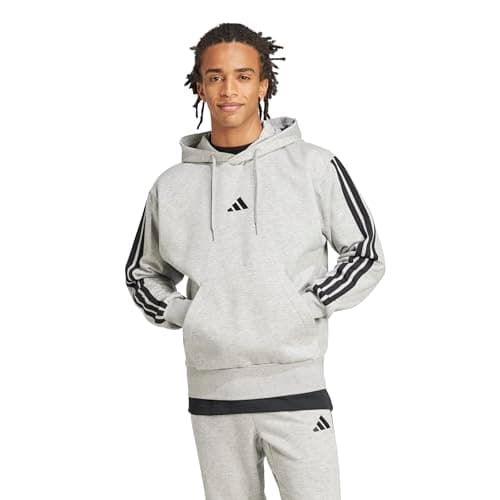 Image of adidas Men's ESSENTIAL THREE STRIPES FLEECE HOODIE, medium grey heather/black, S