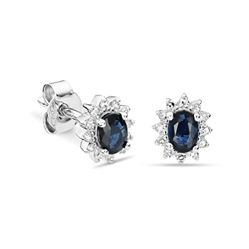 Image of Miore Diamond Earrings, Prong Stud Earrings in 9ct White Gold with Natural Diamonds and Blue Sapphire Gem, Solid Gold Stud Earrings, Hypoallergenic Earrings - Delivered with Jewellery box