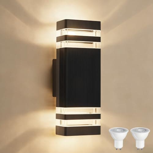 Image of YOVGQOLV Outdoor Wall Lights Mains Powered, Up Down Outside Light Porch, IP54 Waterproof, incl. 2 x 5W 3000K GU10 Warm White Bulbs, Aluminium Modern LED Exterior Lamp Front Door, Black, 1 Pack