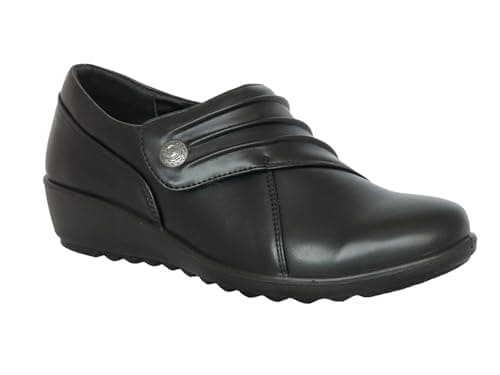 Image of Cushion Walk Women's EEE Extra-Wide Fit Black Shoes, Ladies Lightweight, Faux Leather, Slip-On, Low Wedge Flats, Casual Work Office Comfort Shoe (Size 7 UK, Black)