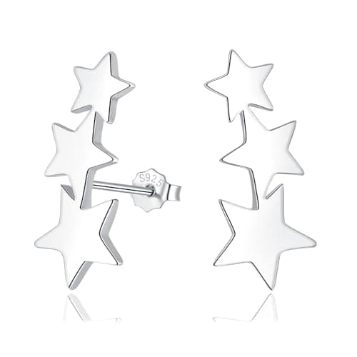 Image of Cangall Silver Star Stud Earrings for Women, 925 Sterling Silver Triple Star Stud Earrings, Small Cartilage Starburst Climbers Earrings Flat Shooting Star Silver Sleeper Earrings for Girls Teen