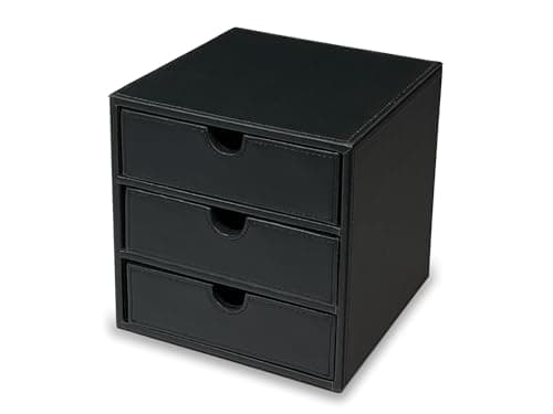 Image of Osco Faux Leather 3-Drawer Desktop Storage Cube, Compact Desk Organiser, Stationery & Makeup Drawer Chest for Home Office, Jewellery, Small Items, Black
