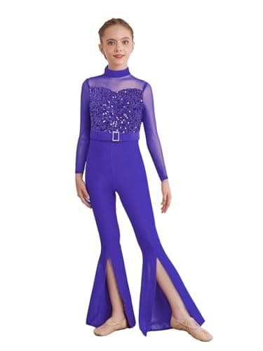 Image of FEESHOW Girls Sequin Full Body Unitard Split Bell Bottom Pants Belted Jumpsuit Gymnastics Leotard Jazz Dance Catsuit Purple 13-14 Years