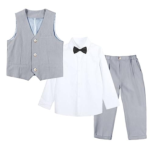 Image of LOLANTA 4-Piece Formal Suit for Boy, Waistcoat Set, Kids Birthday Wedding Party Occasionwear, Grey, 120, 5-6 Years