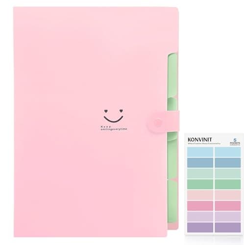 Image of KONVINIT Expanding File Folder Wallet Documents A4 File Folder Pockets with Buckle Closure for Office, Folder with 5 Pockets, Pink Cover
